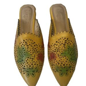 Spring Step Yellow Leather Floral & Leaf Slip-On Mules